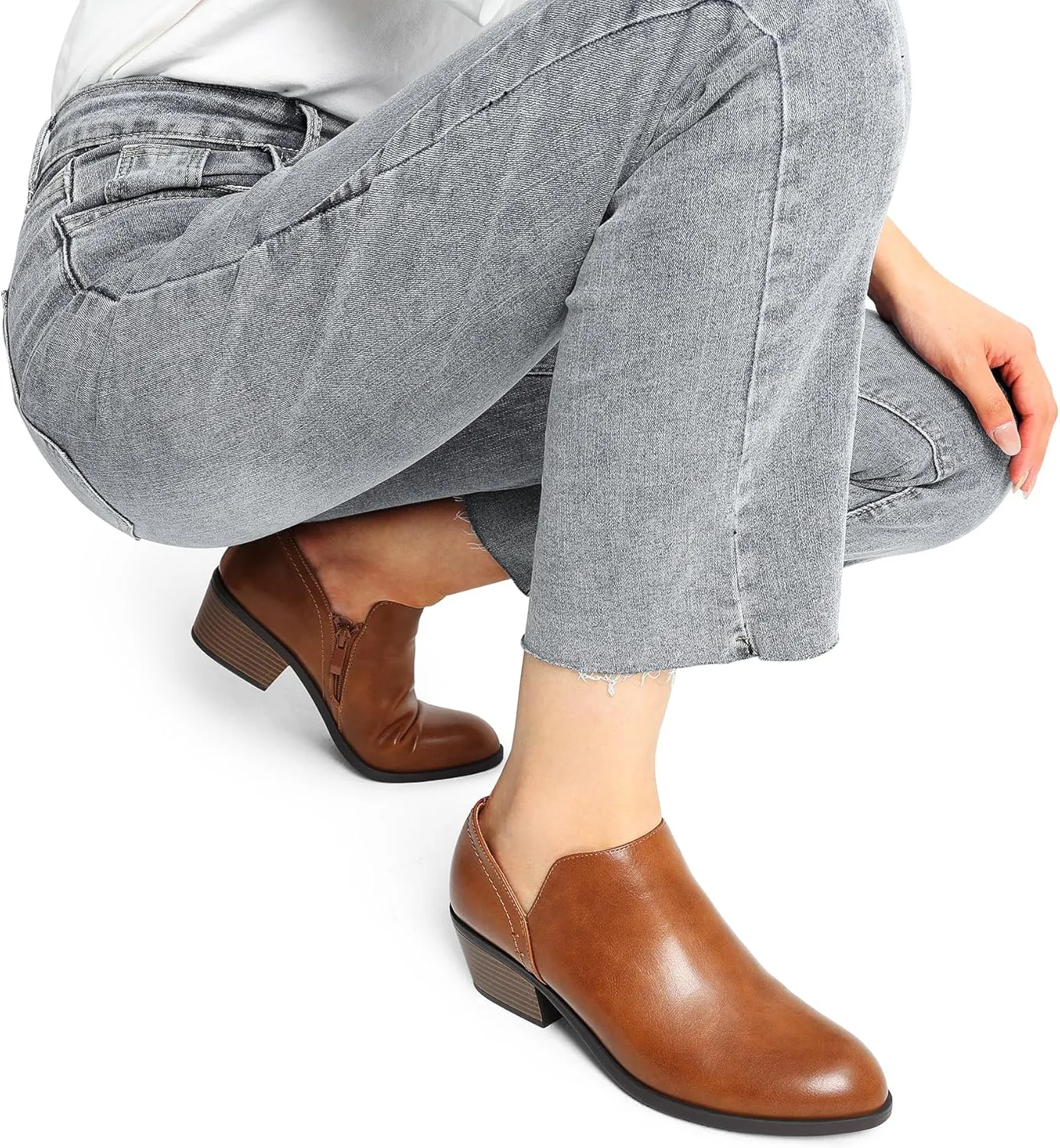 DREAM PAIRS Women's Ankle Boots Fall Boots Leather Thick Heel Side Zip Women Low Chunky Heeled Booties