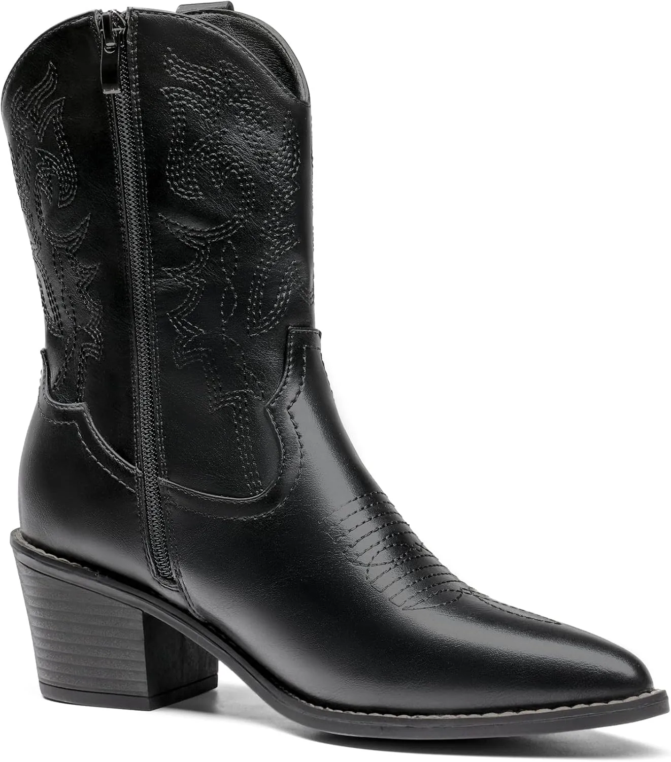 DREAM PAIRS Women's Cowboy Boots, Pointed Toe Chunky Heel, Zipper Pull-On Stitched Western Ankle Boots