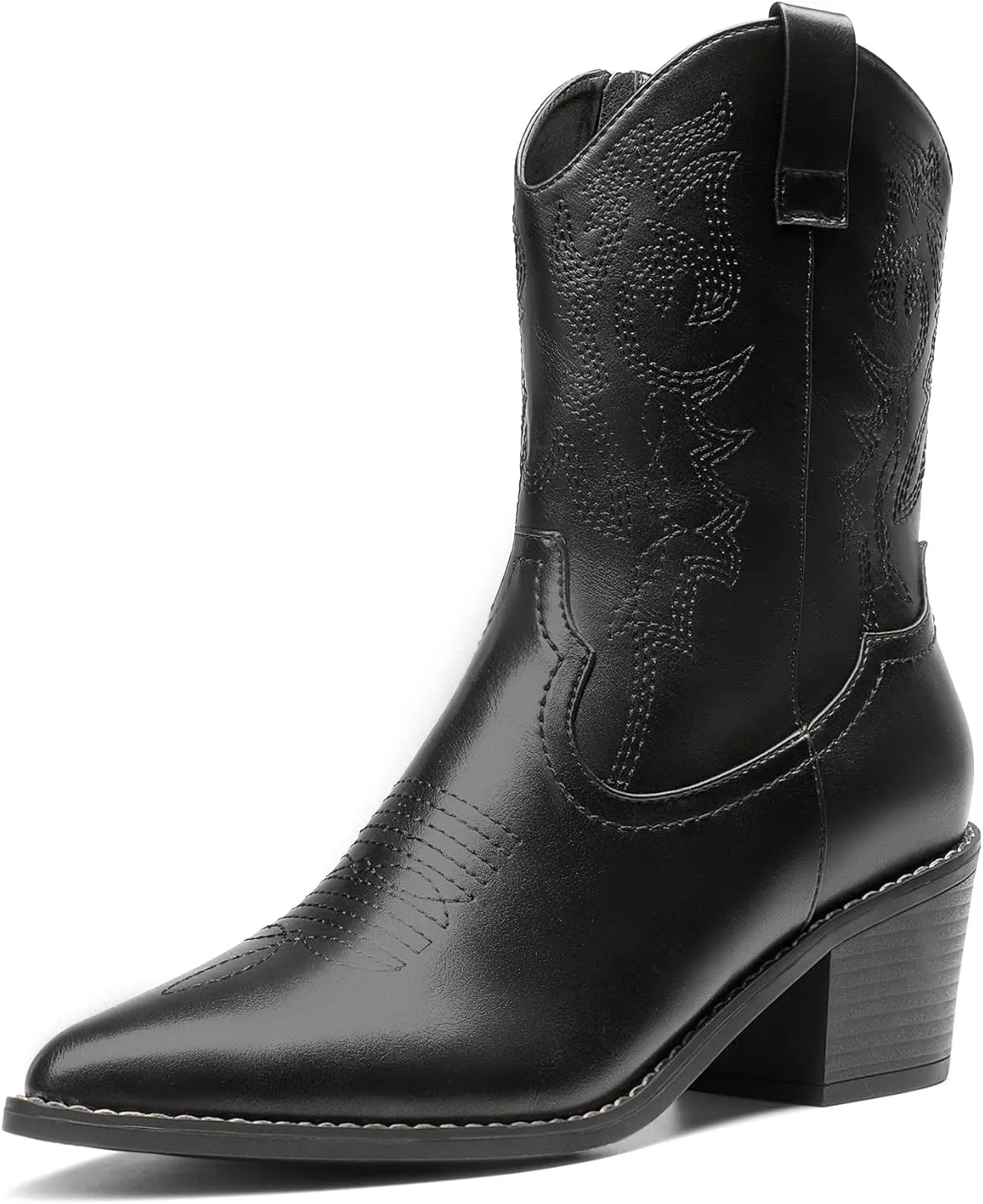 DREAM PAIRS Women's Cowboy Boots, Pointed Toe Chunky Heel, Zipper Pull-On Stitched Western Ankle Boots