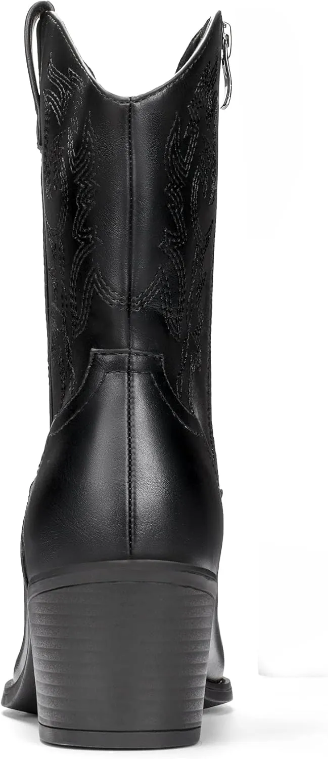 DREAM PAIRS Women's Cowboy Boots, Pointed Toe Chunky Heel, Zipper Pull-On Stitched Western Ankle Boots