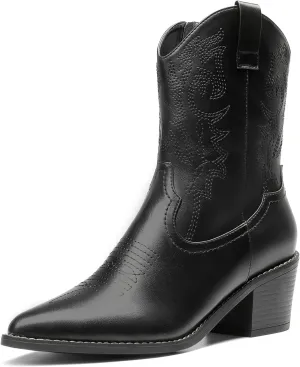 DREAM PAIRS Women's Cowboy Boots, Pointed Toe Chunky Heel, Zipper Pull-On Stitched Western Ankle Boots