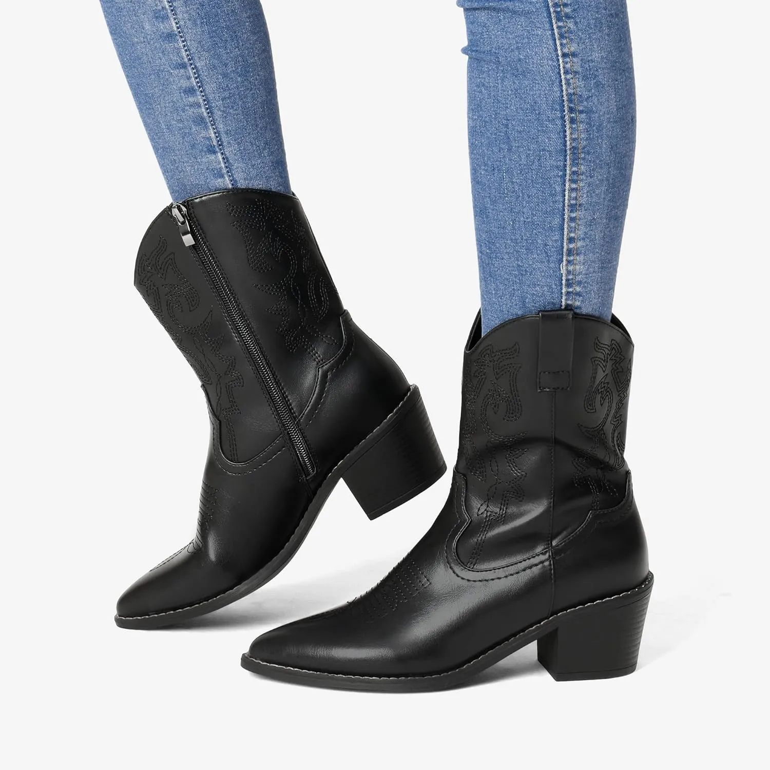 DREAM PAIRS Women's Cowboy Boots, Pointed Toe Chunky Heel, Zipper Pull-On Stitched Western Ankle Boots