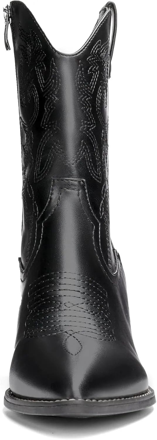 DREAM PAIRS Women's Cowboy Boots, Pointed Toe Chunky Heel, Zipper Pull-On Stitched Western Ankle Boots