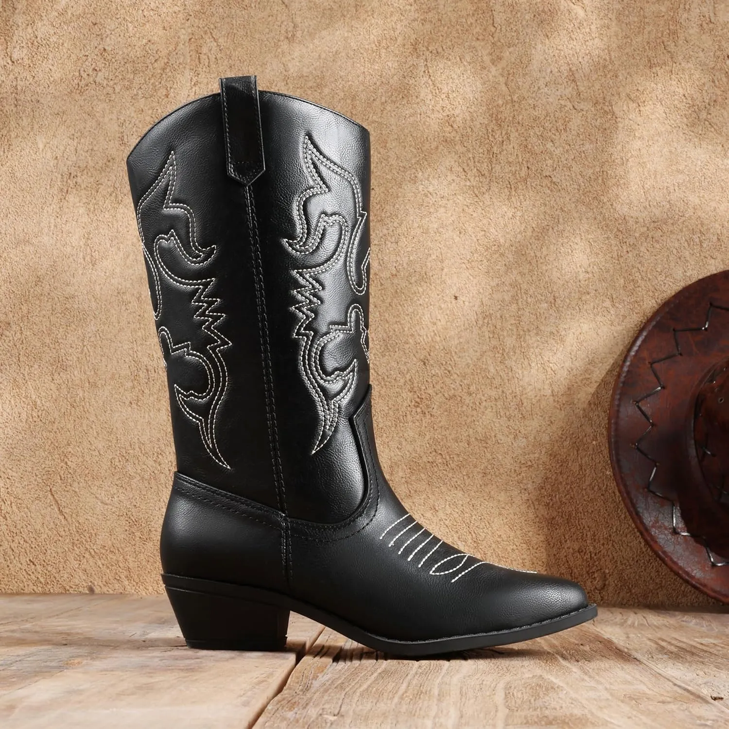 DREAM PAIRS Women's Cowboy Boots Pull On Cowgirl Boots Mid Calf Western Boots