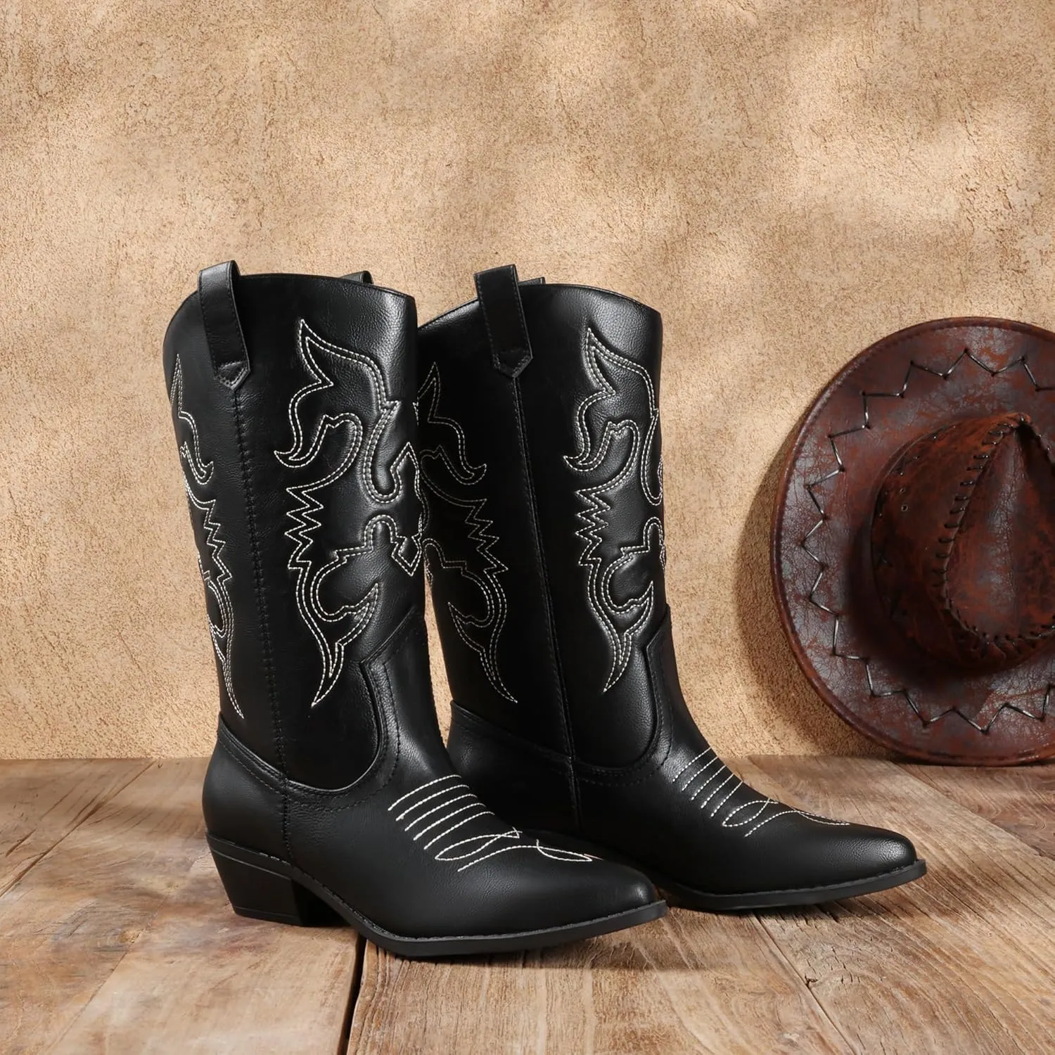 DREAM PAIRS Women's Cowboy Boots Pull On Cowgirl Boots Mid Calf Western Boots