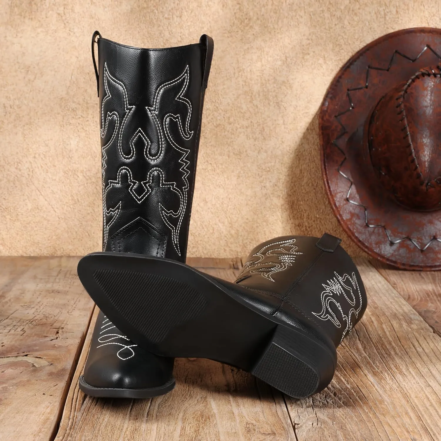 DREAM PAIRS Women's Cowboy Boots Pull On Cowgirl Boots Mid Calf Western Boots