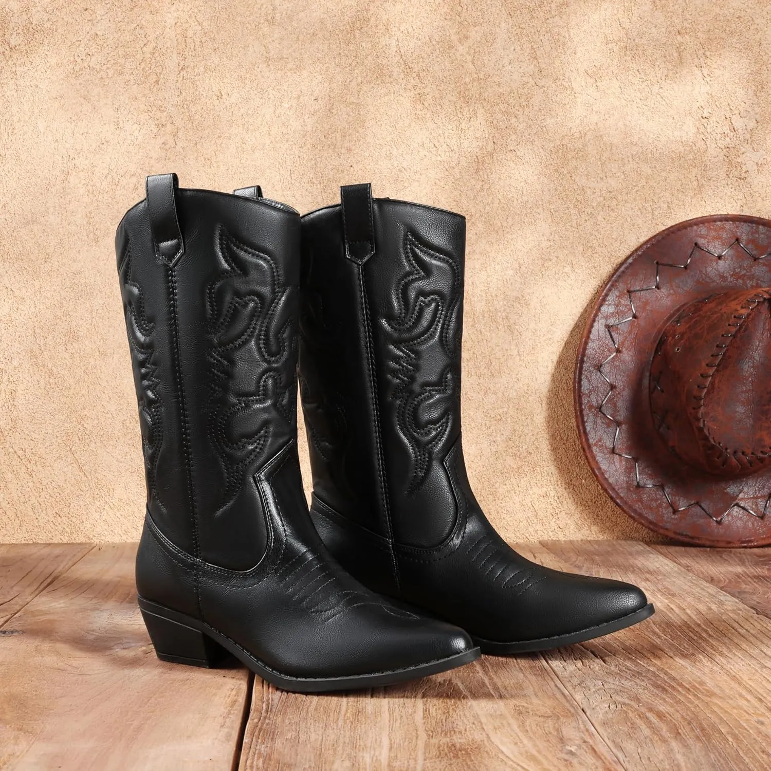 DREAM PAIRS Women's Cowboy Boots Pull On Cowgirl Boots Mid Calf Western Boots