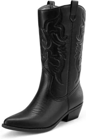 DREAM PAIRS Women's Cowboy Boots Pull On Cowgirl Boots Mid Calf Western Boots