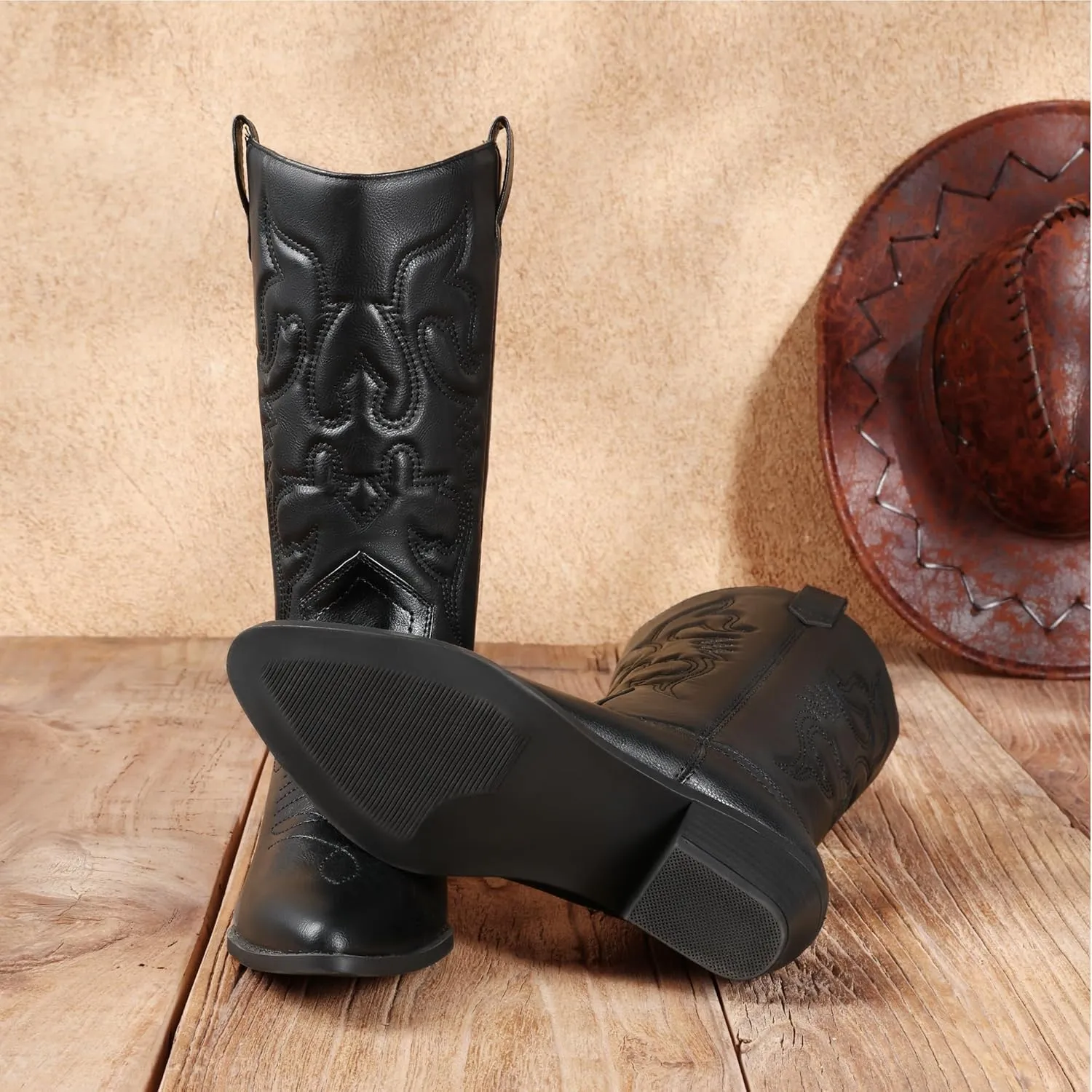 DREAM PAIRS Women's Cowboy Boots Pull On Cowgirl Boots Mid Calf Western Boots