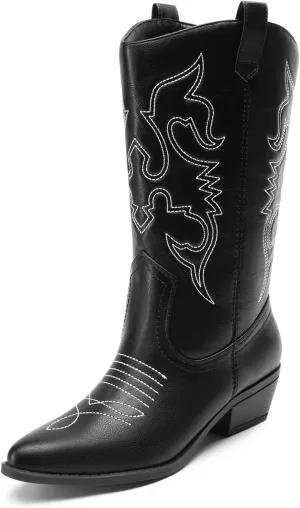 DREAM PAIRS Women's Cowboy Boots Pull On Cowgirl Boots Mid Calf Western Boots