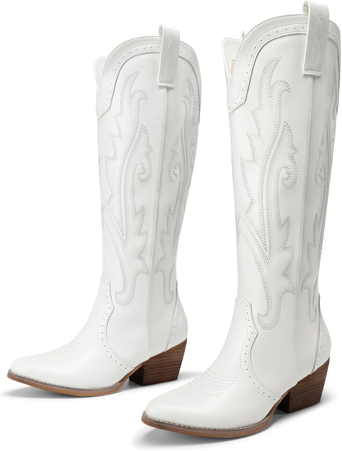 DREAM PAIRS Womens Cowboy Knee High Boots Comfortable Pull On Side Zipper Chunky Heel Embroidered Western Cowgirl Boots Retro Tall Boot