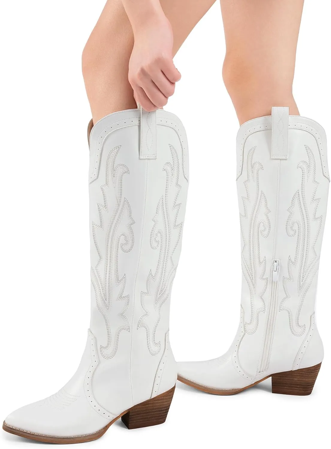 DREAM PAIRS Womens Cowboy Knee High Boots Comfortable Pull On Side Zipper Chunky Heel Embroidered Western Cowgirl Boots Retro Tall Boot
