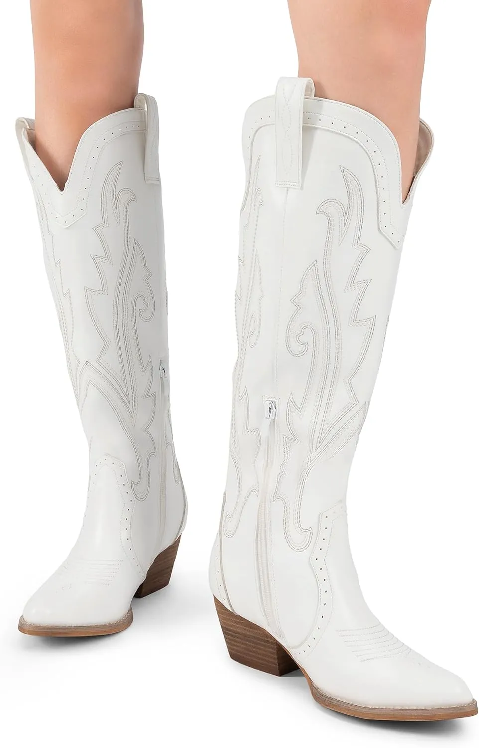DREAM PAIRS Womens Cowboy Knee High Boots Comfortable Pull On Side Zipper Chunky Heel Embroidered Western Cowgirl Boots Retro Tall Boot