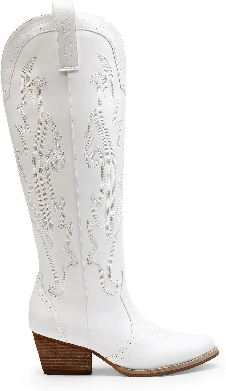 DREAM PAIRS Womens Cowboy Knee High Boots Comfortable Pull On Side Zipper Chunky Heel Embroidered Western Cowgirl Boots Retro Tall Boot