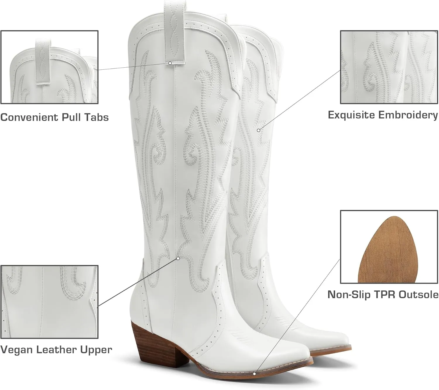 DREAM PAIRS Womens Cowboy Knee High Boots Comfortable Pull On Side Zipper Chunky Heel Embroidered Western Cowgirl Boots Retro Tall Boot