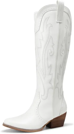 DREAM PAIRS Womens Cowboy Knee High Boots Comfortable Pull On Side Zipper Chunky Heel Embroidered Western Cowgirl Boots Retro Tall Boot