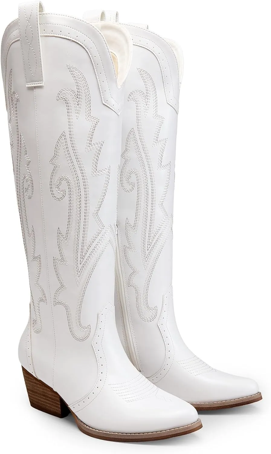 DREAM PAIRS Womens Cowboy Knee High Boots Comfortable Pull On Side Zipper Chunky Heel Embroidered Western Cowgirl Boots Retro Tall Boot