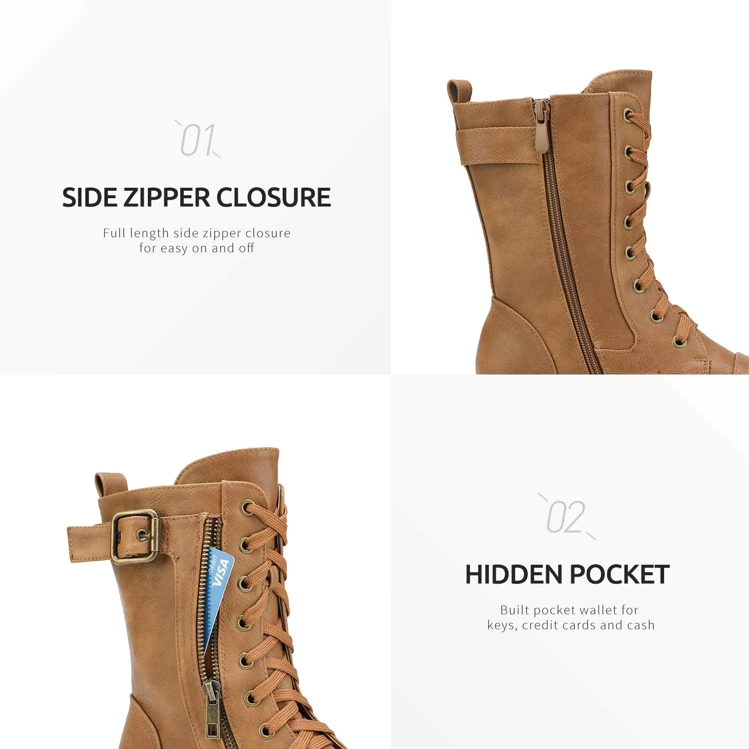 DREAM PAIRS Women's Mid Calf Built-in Wallet Pocket Lace up Military Combat Boots