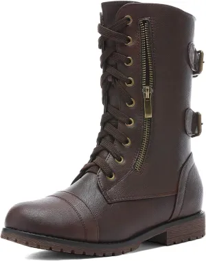 DREAM PAIRS Women's Mid Calf Built-in Wallet Pocket Lace up Military Combat Boots