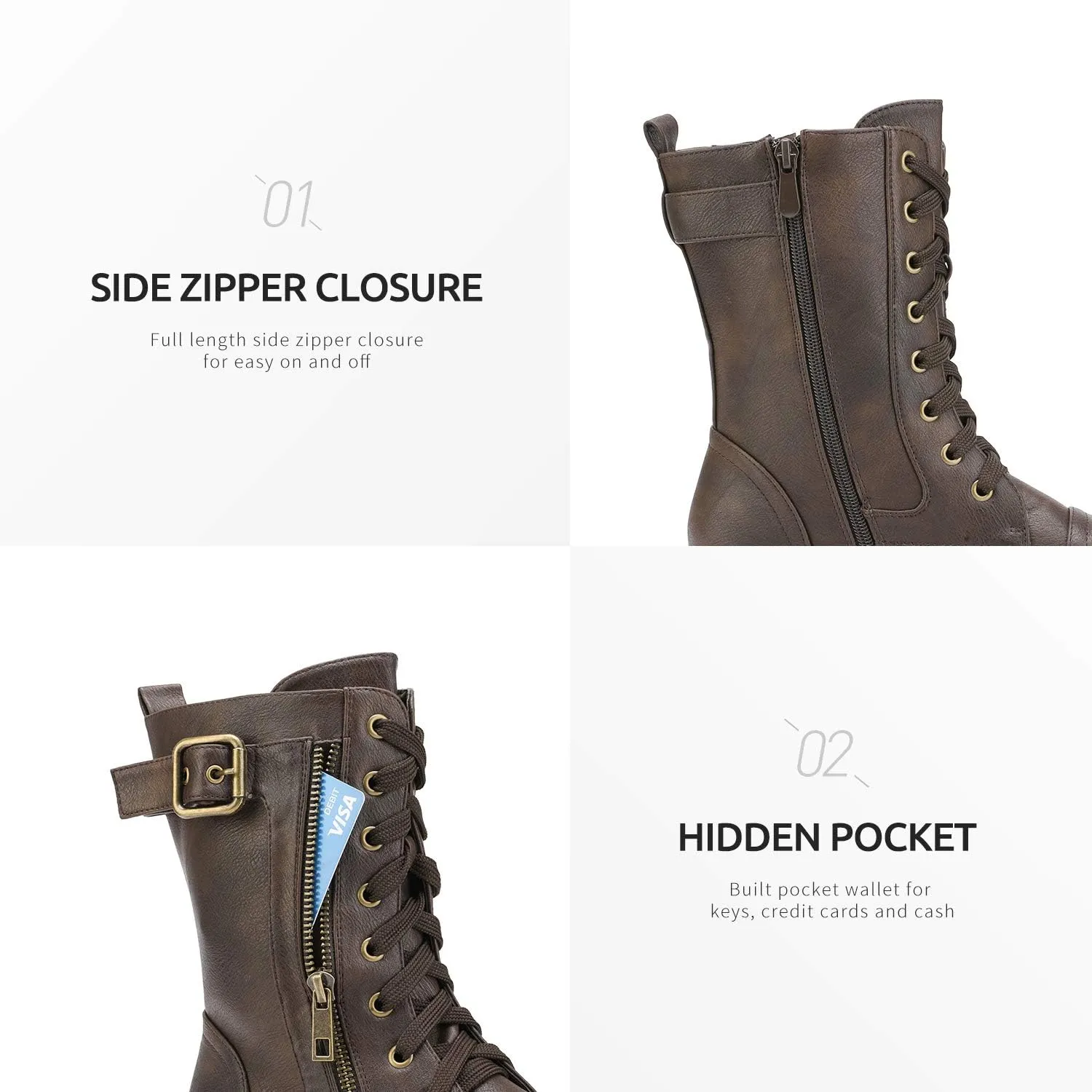 DREAM PAIRS Women's Mid Calf Built-in Wallet Pocket Lace up Military Combat Boots