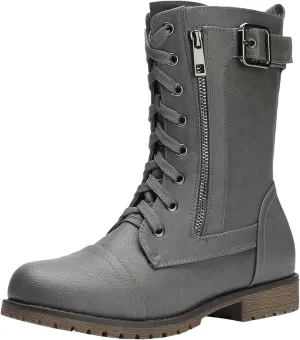 DREAM PAIRS Women's Mid Calf Built-in Wallet Pocket Lace up Military Combat Boots