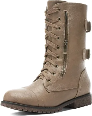 DREAM PAIRS Women's Mid Calf Built-in Wallet Pocket Lace up Military Combat Boots
