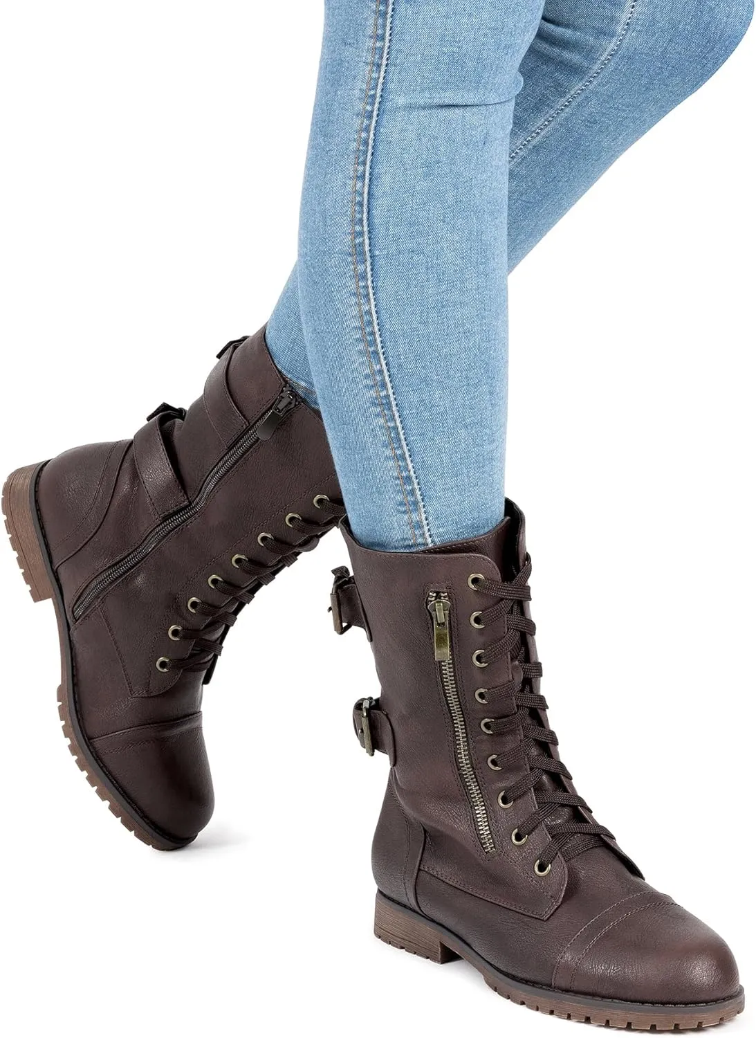 DREAM PAIRS Women's Mid Calf Built-in Wallet Pocket Lace up Military Combat Boots