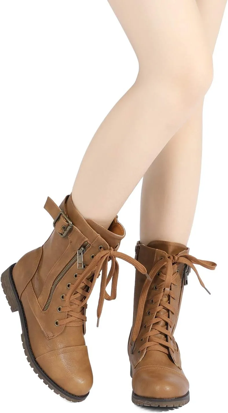 DREAM PAIRS Women's Mid Calf Built-in Wallet Pocket Lace up Military Combat Boots