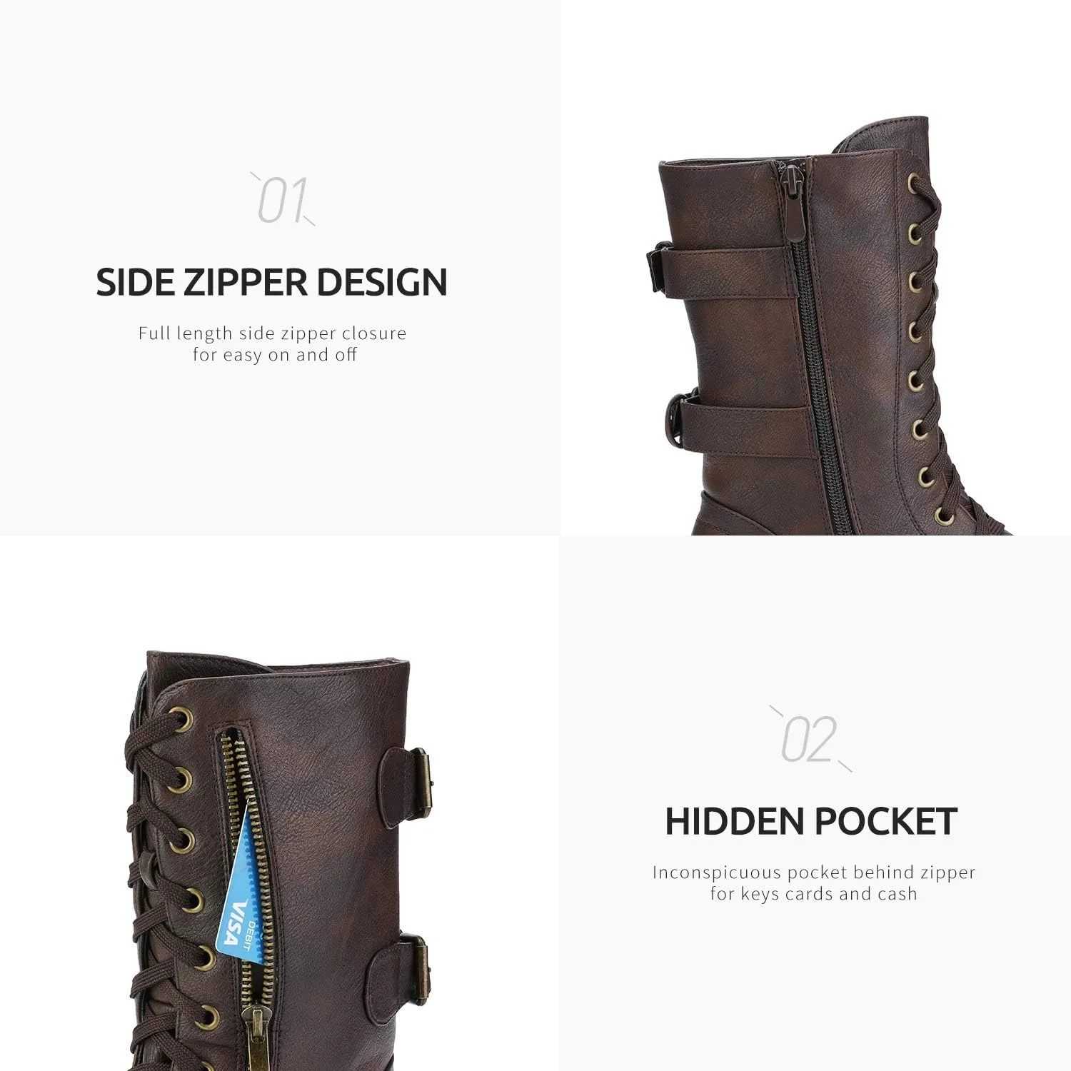 DREAM PAIRS Women's Mid Calf Built-in Wallet Pocket Lace up Military Combat Boots