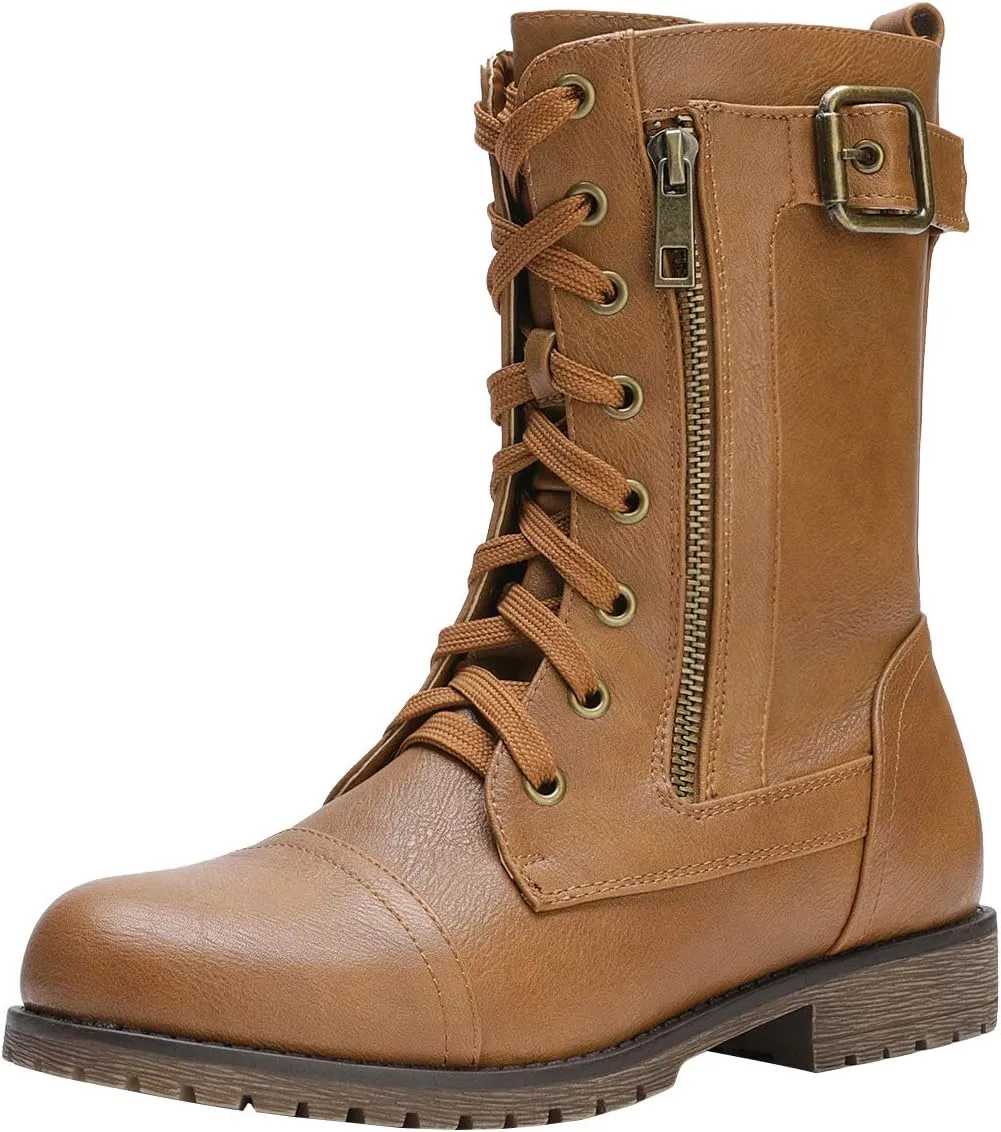 DREAM PAIRS Women's Mid Calf Built-in Wallet Pocket Lace up Military Combat Boots