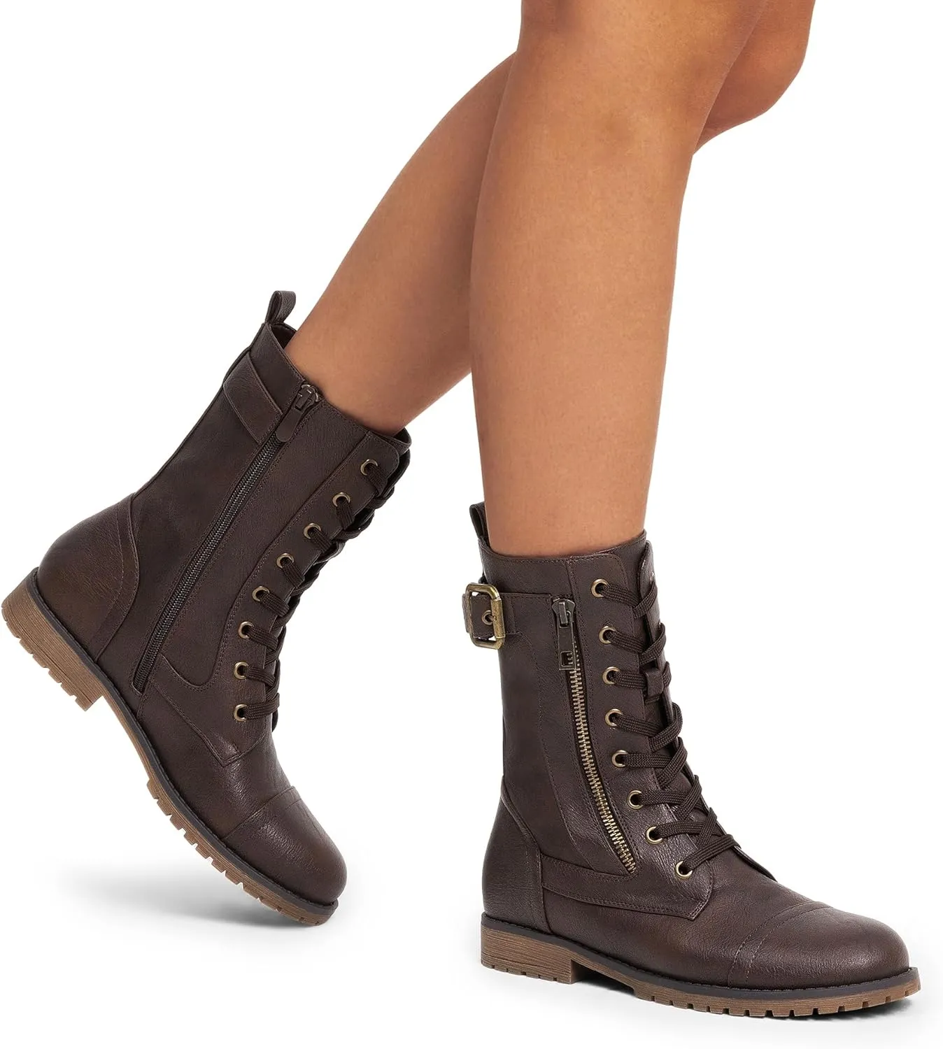 DREAM PAIRS Women's Mid Calf Built-in Wallet Pocket Lace up Military Combat Boots