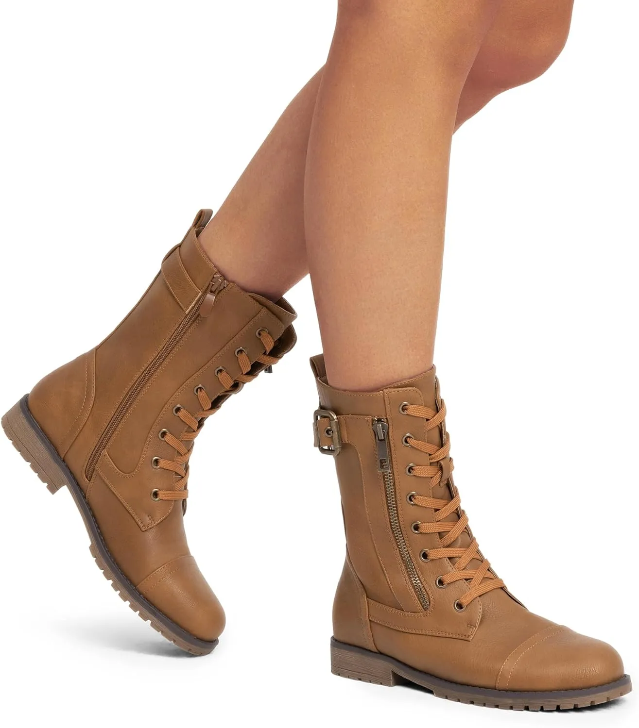 DREAM PAIRS Women's Mid Calf Built-in Wallet Pocket Lace up Military Combat Boots