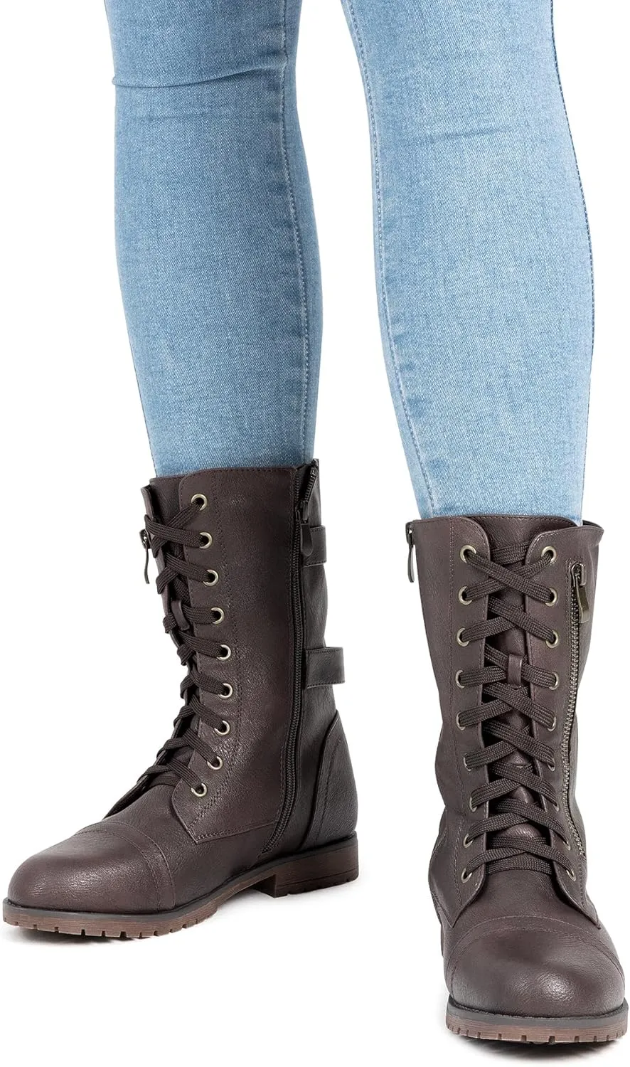 DREAM PAIRS Women's Mid Calf Built-in Wallet Pocket Lace up Military Combat Boots
