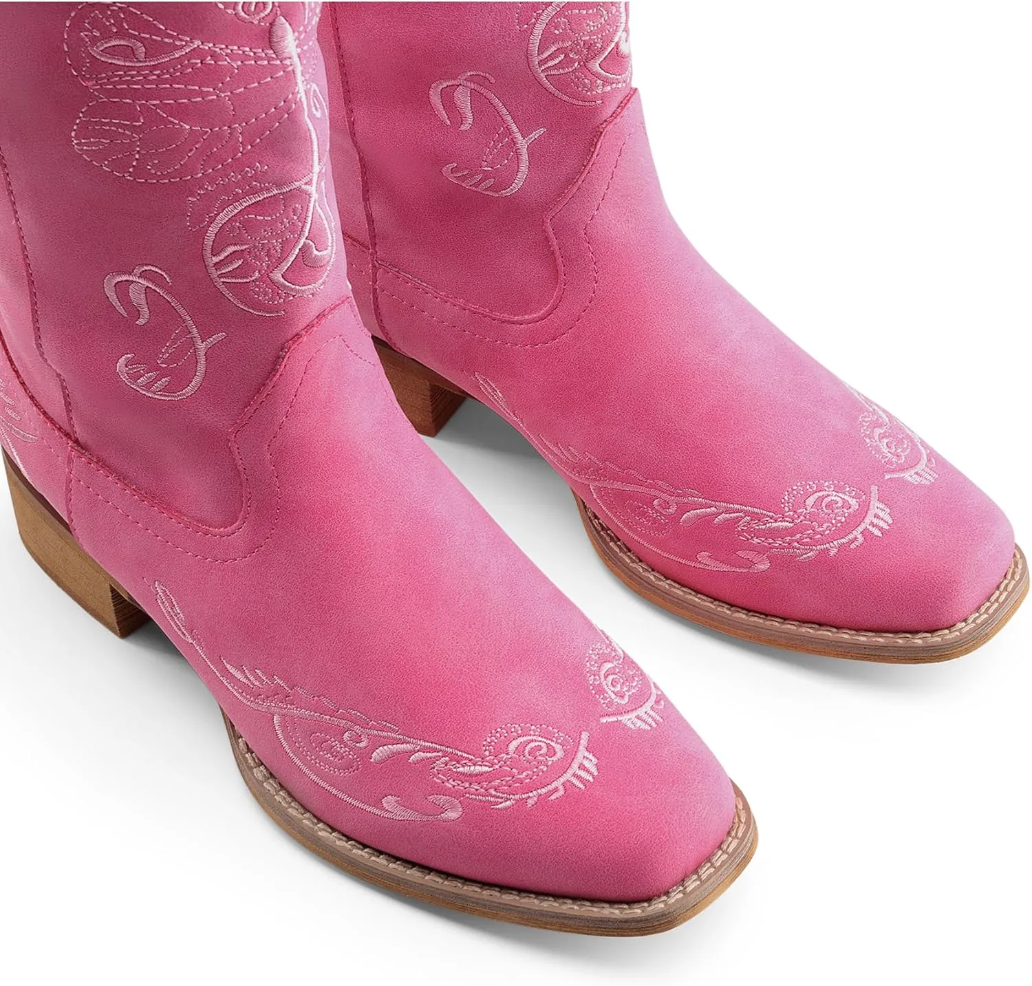 DREAM PAIRS Women's Square Toe Cowboy Cowgirl Boots Pull On Low Chunky Heel Mid Calf Western Boots with Embroidered Stitched for Theme Party Country Concert