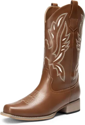 DREAM PAIRS Women's Square Toe Cowboy Cowgirl Boots Pull On Low Chunky Heel Mid Calf Western Boots with Embroidered Stitched for Theme Party Country Concert