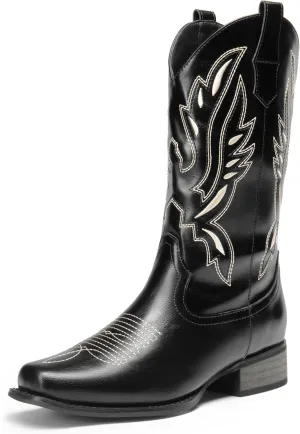 DREAM PAIRS Women's Square Toe Cowboy Cowgirl Boots Pull On Low Chunky Heel Mid Calf Western Boots with Embroidered Stitched for Theme Party Country Concert