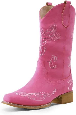 DREAM PAIRS Women's Square Toe Cowboy Cowgirl Boots Pull On Low Chunky Heel Mid Calf Western Boots with Embroidered Stitched for Theme Party Country Concert