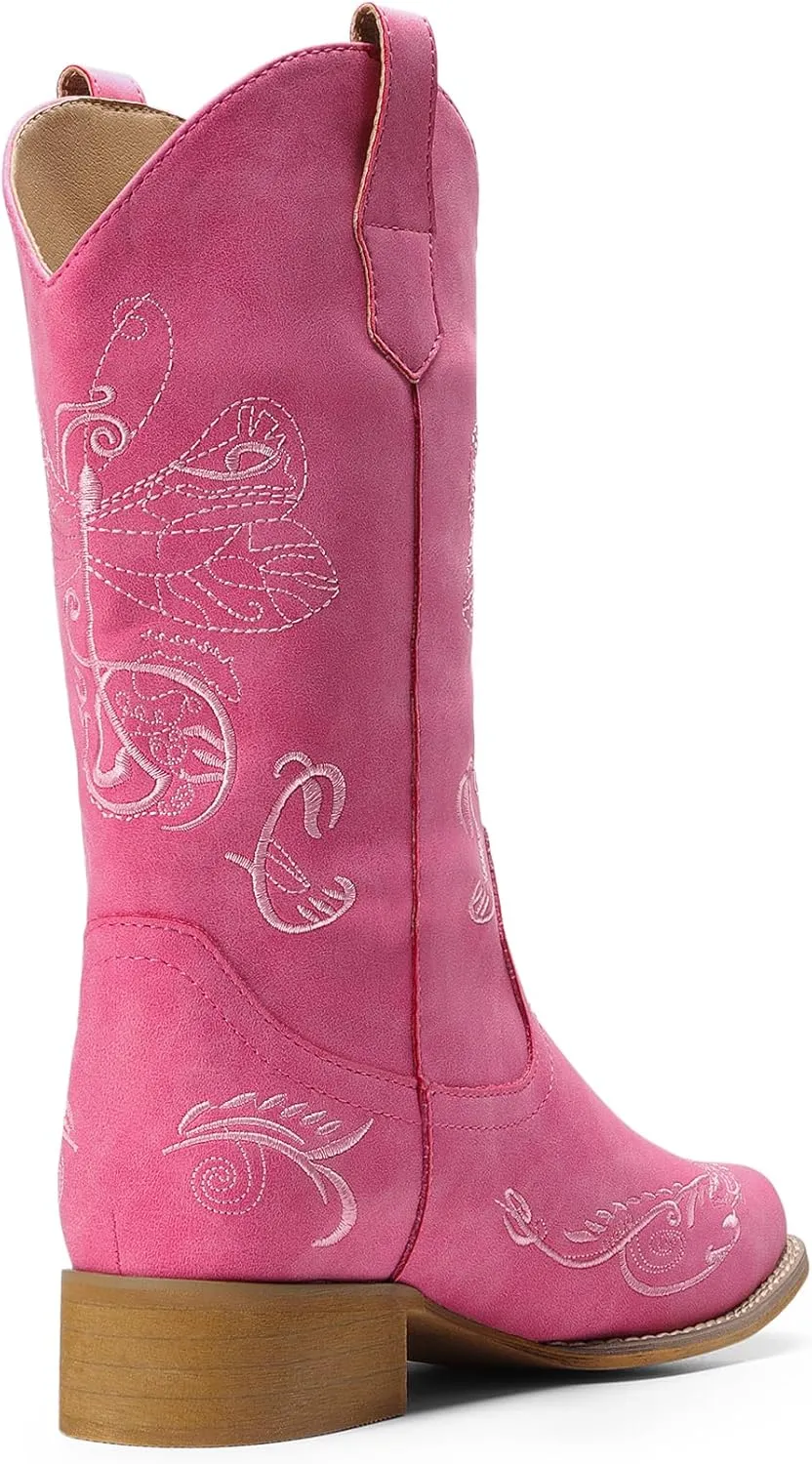 DREAM PAIRS Women's Square Toe Cowboy Cowgirl Boots Pull On Low Chunky Heel Mid Calf Western Boots with Embroidered Stitched for Theme Party Country Concert