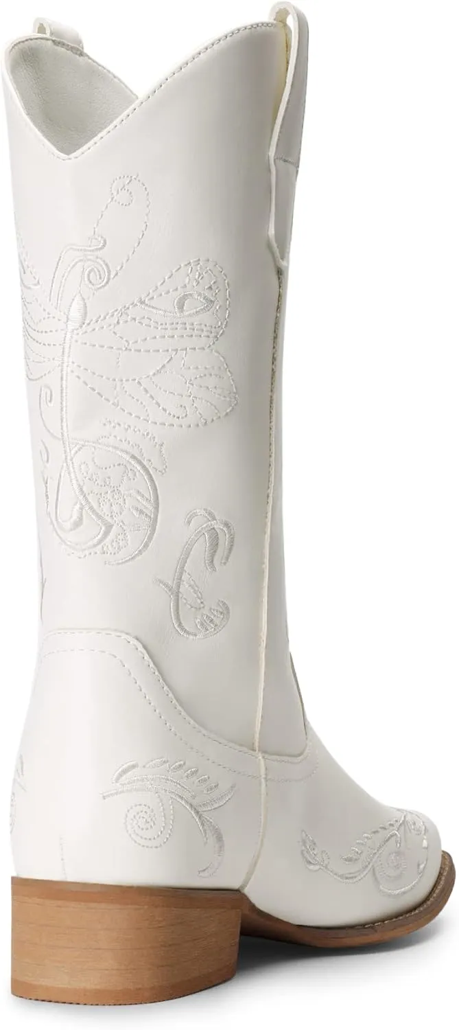 DREAM PAIRS Women's Square Toe Cowboy Cowgirl Boots Pull On Low Chunky Heel Mid Calf Western Boots with Embroidered Stitched for Theme Party Country Concert