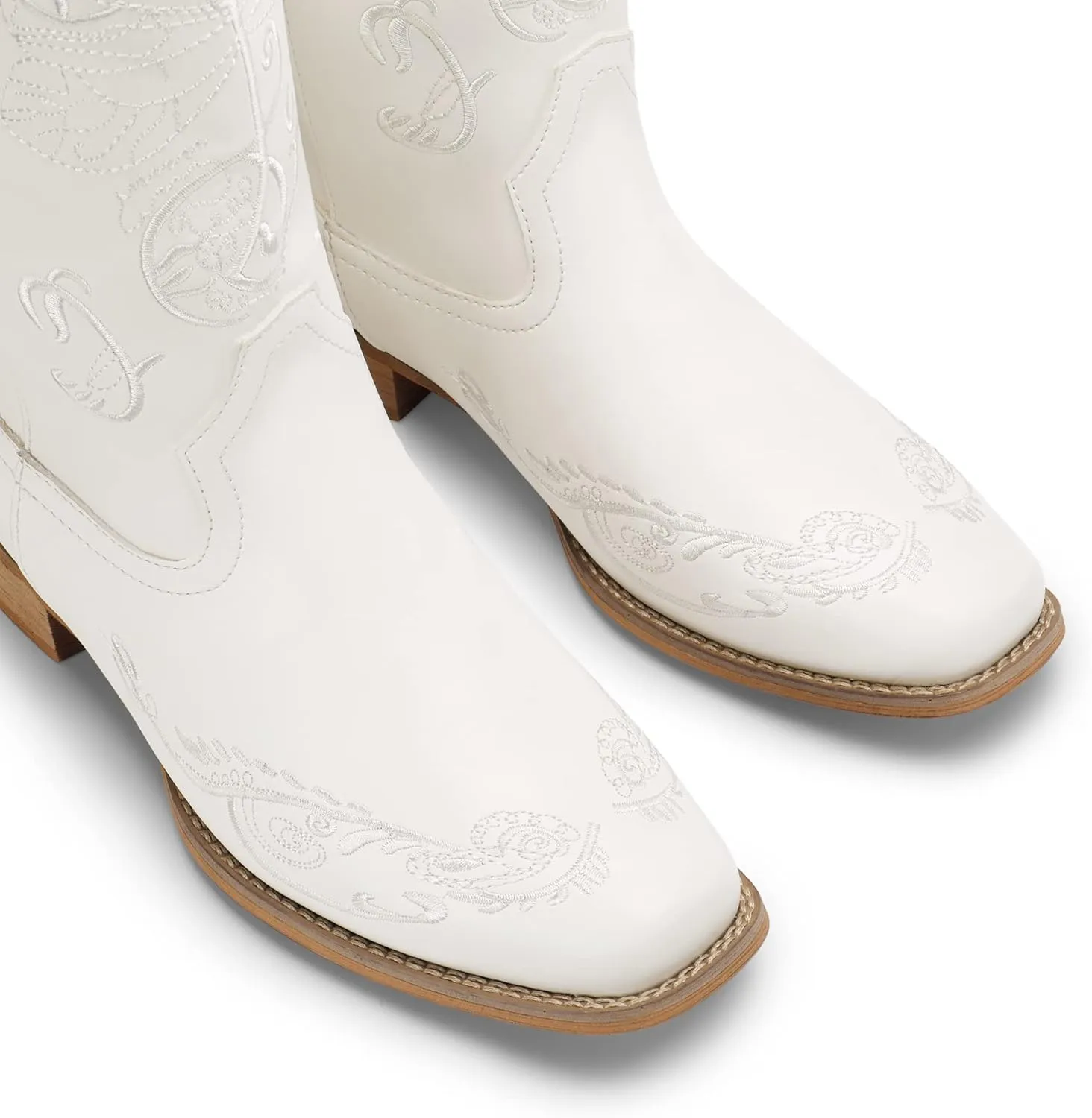 DREAM PAIRS Women's Square Toe Cowboy Cowgirl Boots Pull On Low Chunky Heel Mid Calf Western Boots with Embroidered Stitched for Theme Party Country Concert