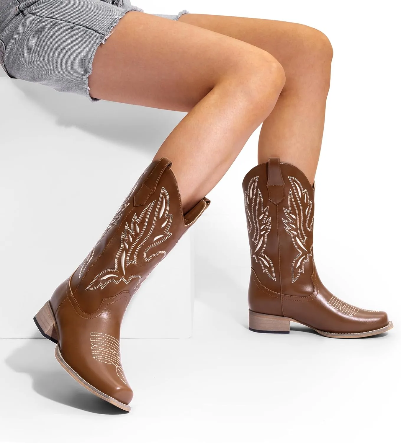 DREAM PAIRS Women's Square Toe Cowboy Cowgirl Boots Pull On Low Chunky Heel Mid Calf Western Boots with Embroidered Stitched for Theme Party Country Concert