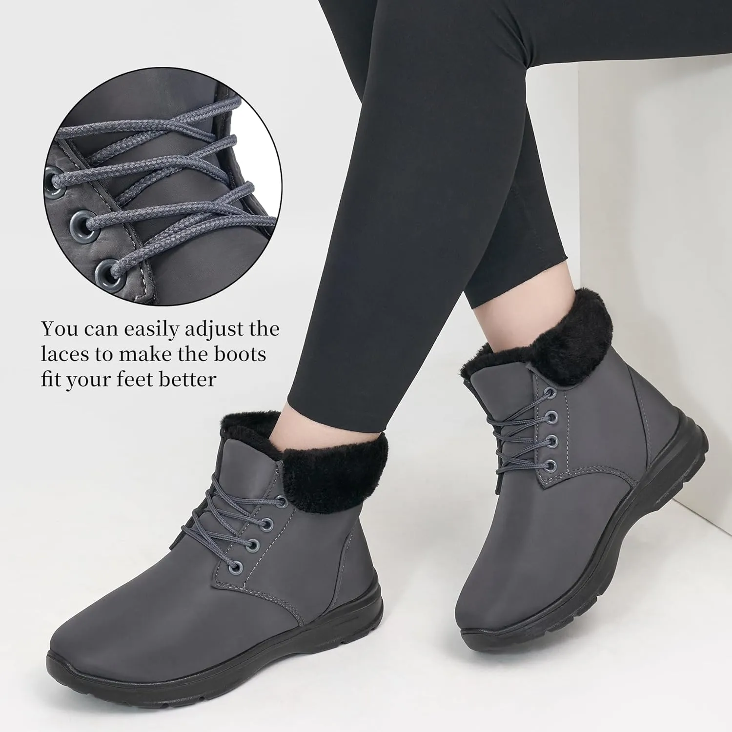 Ecetana Winter Boots for Women Snow Warm Fur Lined Waterproof Ankle Booties Lace Up Non Slip Flat Comfortable Womens Shoes