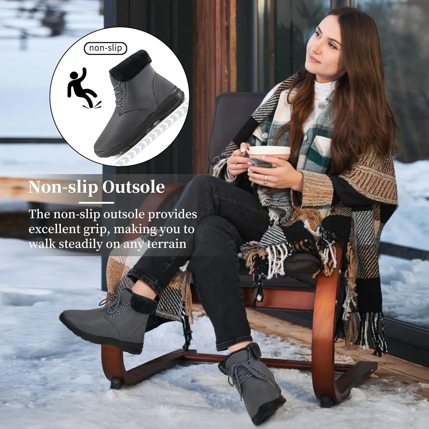 Ecetana Winter Boots for Women Snow Warm Fur Lined Waterproof Ankle Booties Lace Up Non Slip Flat Comfortable Womens Shoes