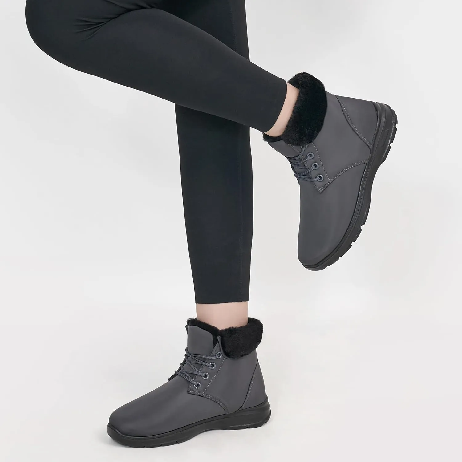 Ecetana Winter Boots for Women Snow Warm Fur Lined Waterproof Ankle Booties Lace Up Non Slip Flat Comfortable Womens Shoes