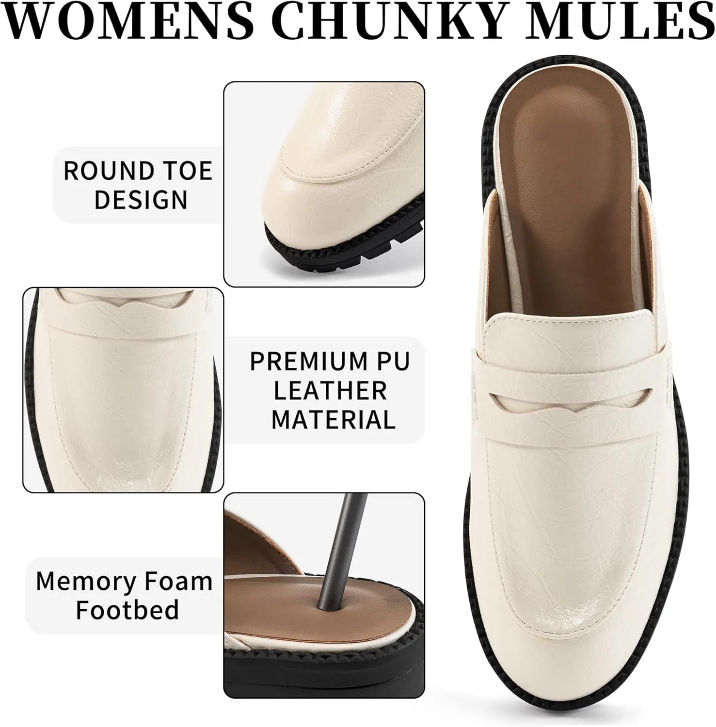 Ecetana Women Mules Comfortable Clogs Platform Chunky Slip on Backless Loafers Casual Walking Business Slide Shoes
