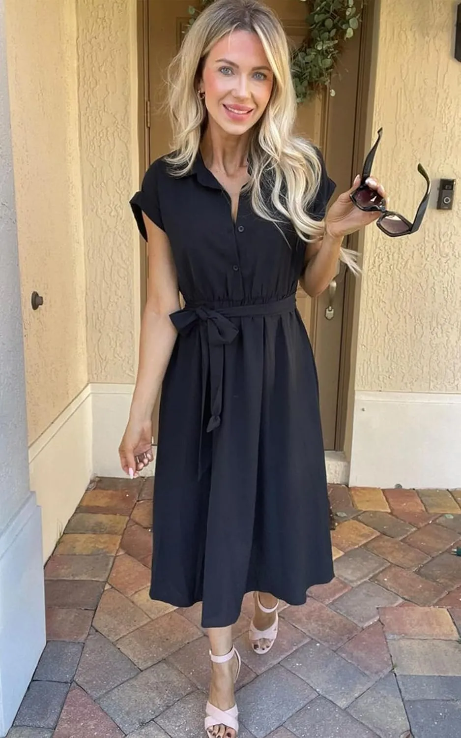 ECOWISH Womens Casual Midi Dresses Solid V Neck Short Sleeve Button Shirt Belted Dress with Pockets for Spring Summer 2025