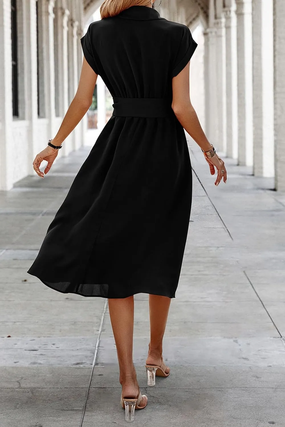 ECOWISH Womens Casual Midi Dresses Solid V Neck Short Sleeve Button Shirt Belted Dress with Pockets for Spring Summer 2025