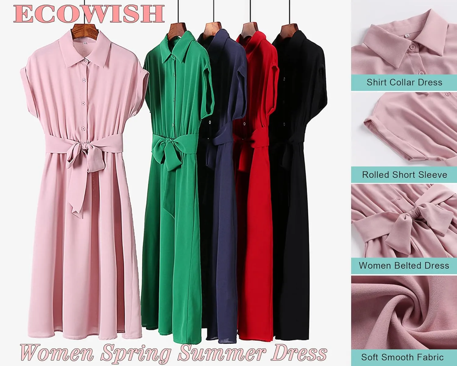 ECOWISH Womens Casual Midi Dresses Solid V Neck Short Sleeve Button Shirt Belted Dress with Pockets for Spring Summer 2025