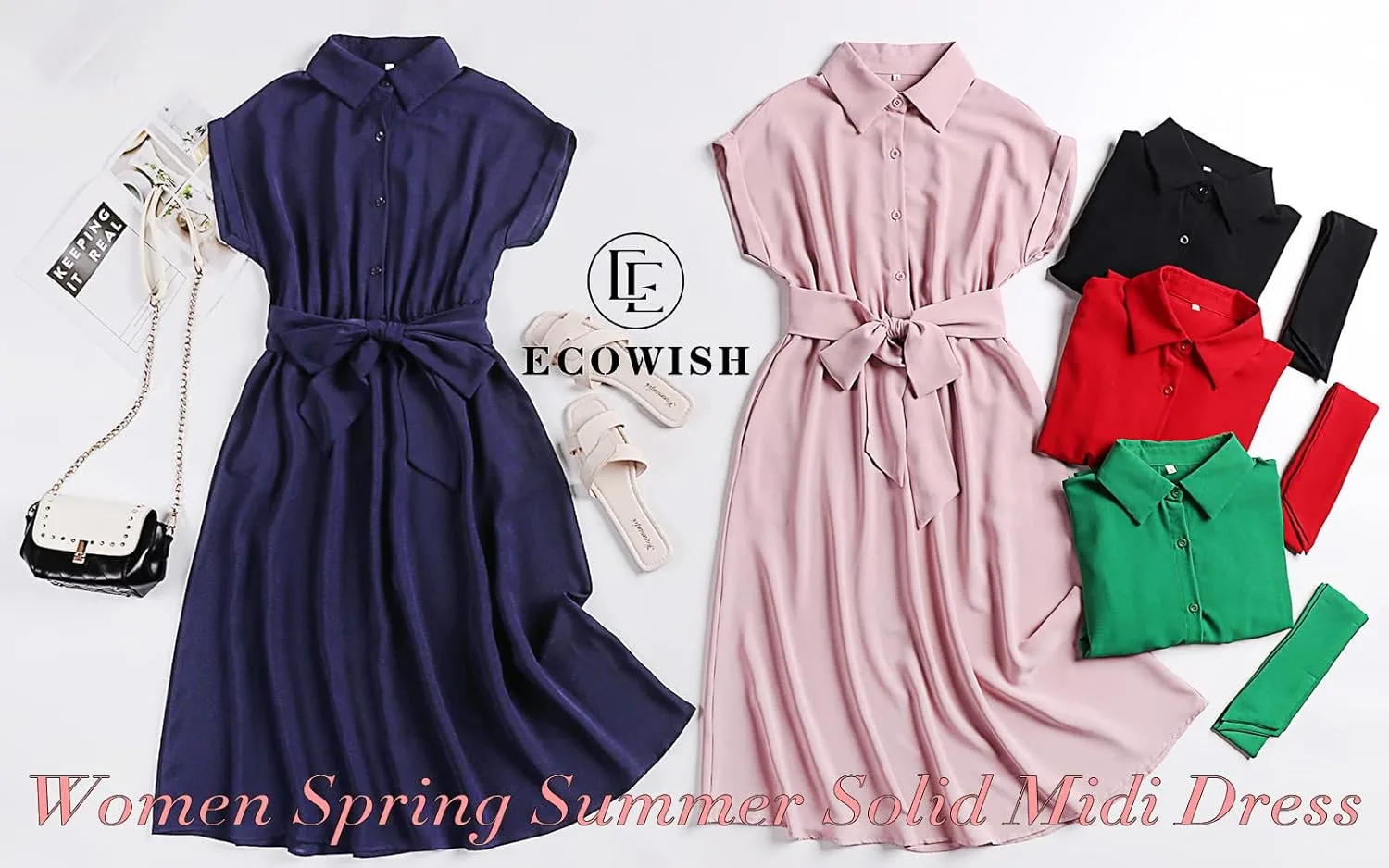 ECOWISH Womens Casual Midi Dresses Solid V Neck Short Sleeve Button Shirt Belted Dress with Pockets for Spring Summer 2025