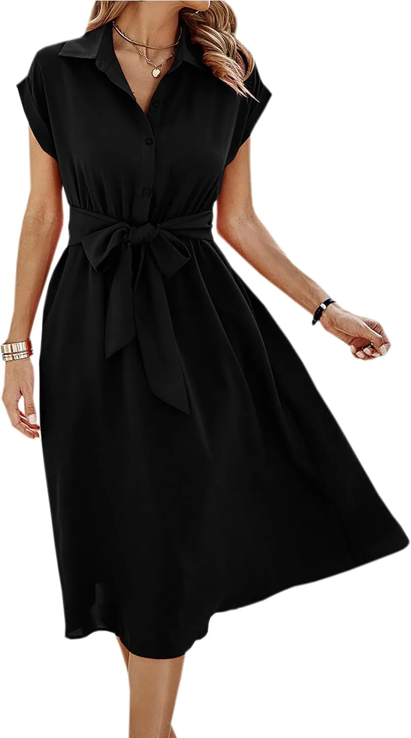 ECOWISH Womens Casual Midi Dresses Solid V Neck Short Sleeve Button Shirt Belted Dress with Pockets for Spring Summer 2025